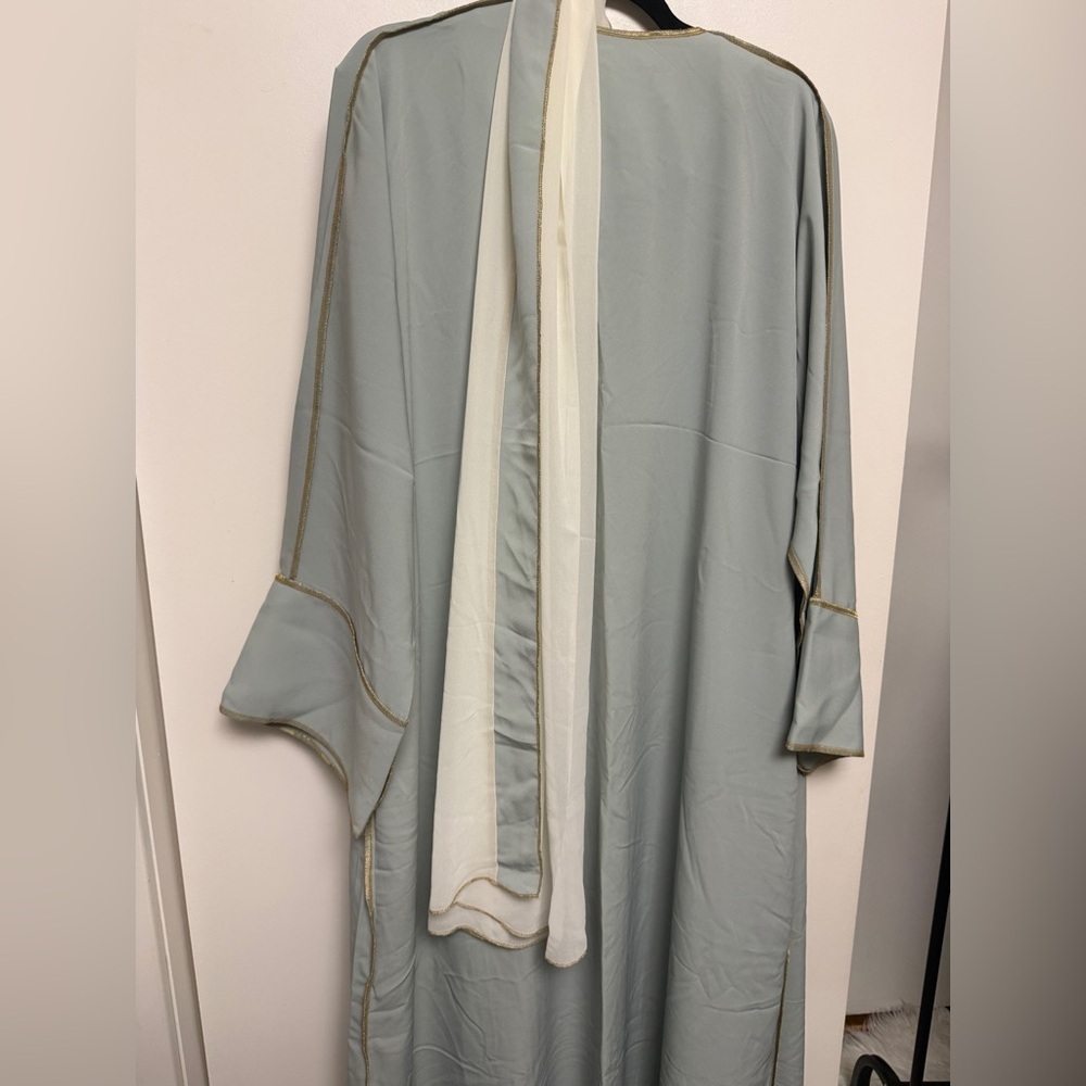 3 Piece set with shawl Light Sage Long Sleeve Maxi Dress with Waist Tie - Picture 7 of 8